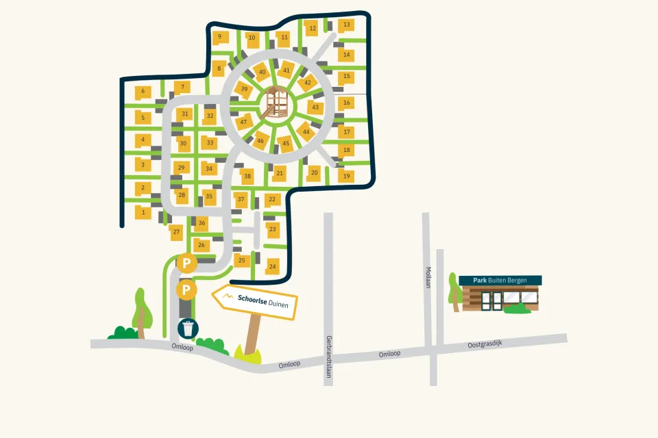 Plattegrond van bungalowpark de Schoorlse Duinen met de wegen en woningen
