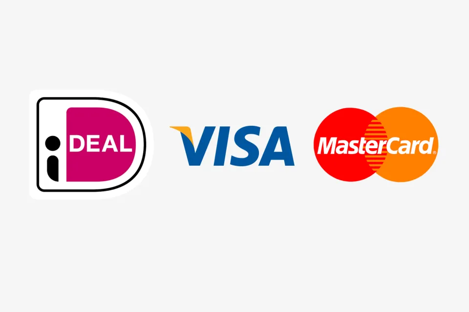 Logos van de betaalmethodes iDEAL, Visa en Mastercard naast elkaar