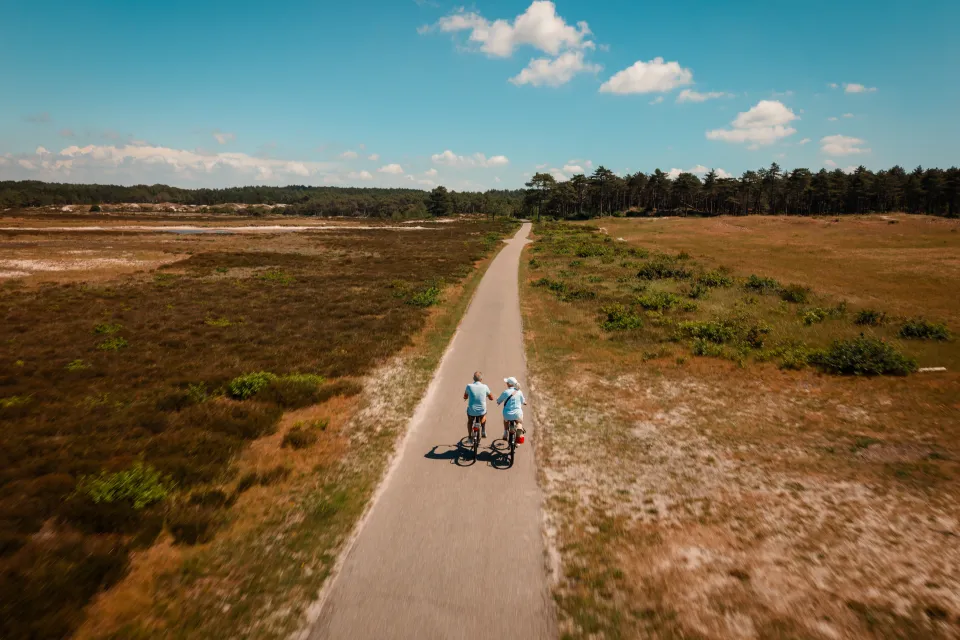 Fietsers in de verte op een recht fietspad door het duinlandschap