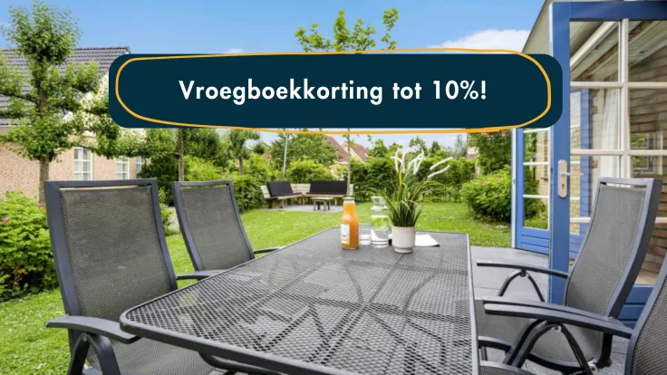 Actiebanner vroegboekkorting tot 10 procent over een foto van het terras